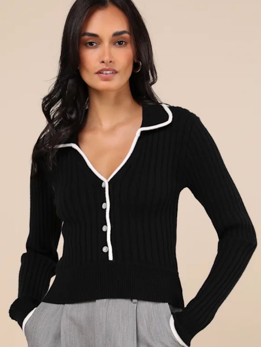 Lulu’s Curated Season Black Collared Polo Sweater Top Medium